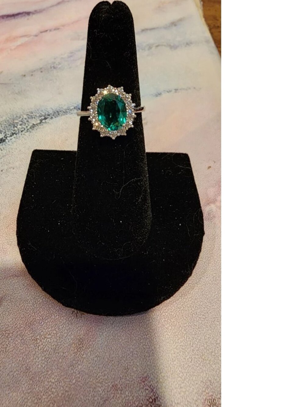 Princess Diana / Kate Middleton Sterling Simulated Emerald Halo Ring - Size 6
